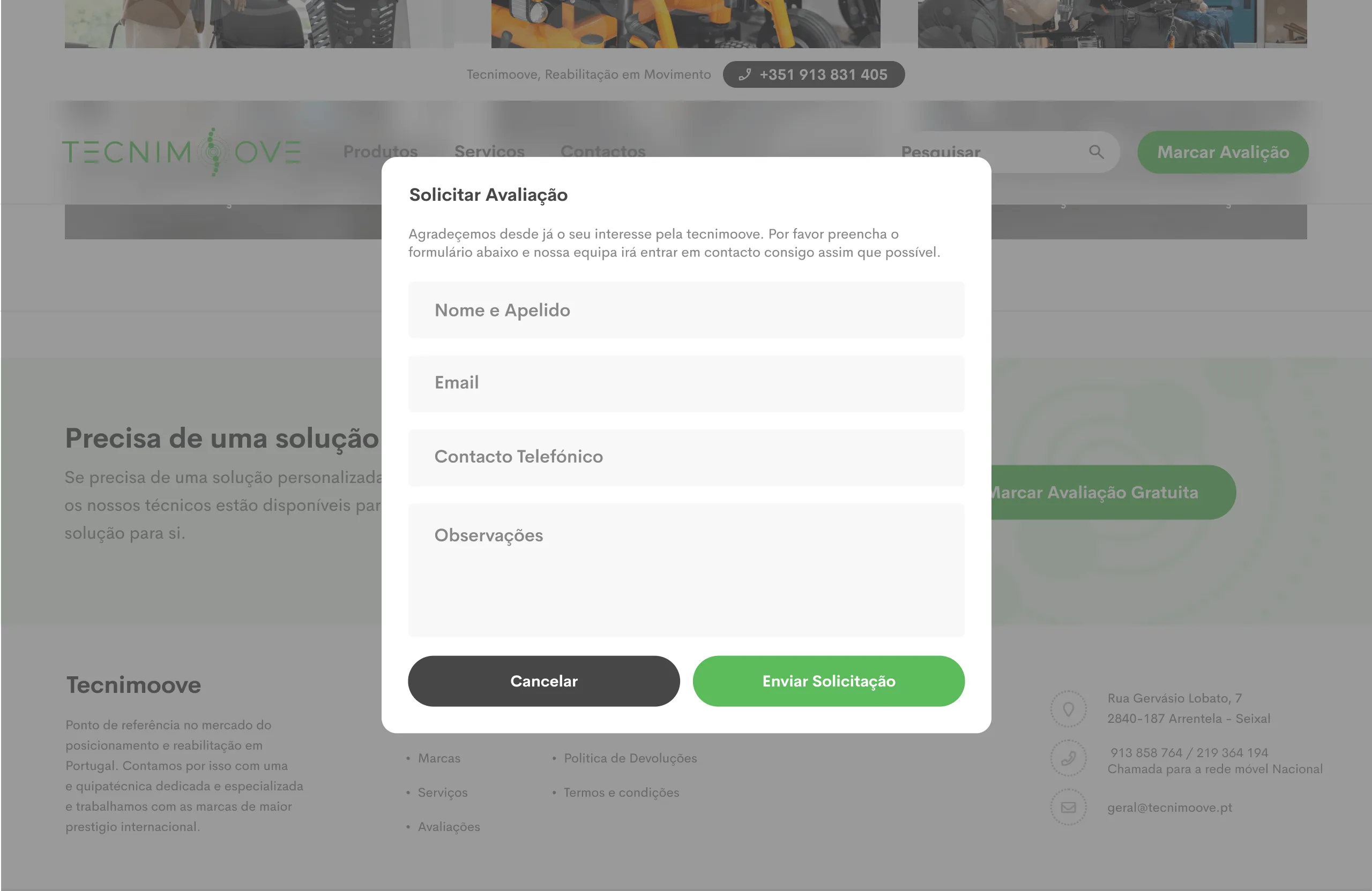 Request Assessment modal with a welcome message and fields for name, email, phone contact and notes