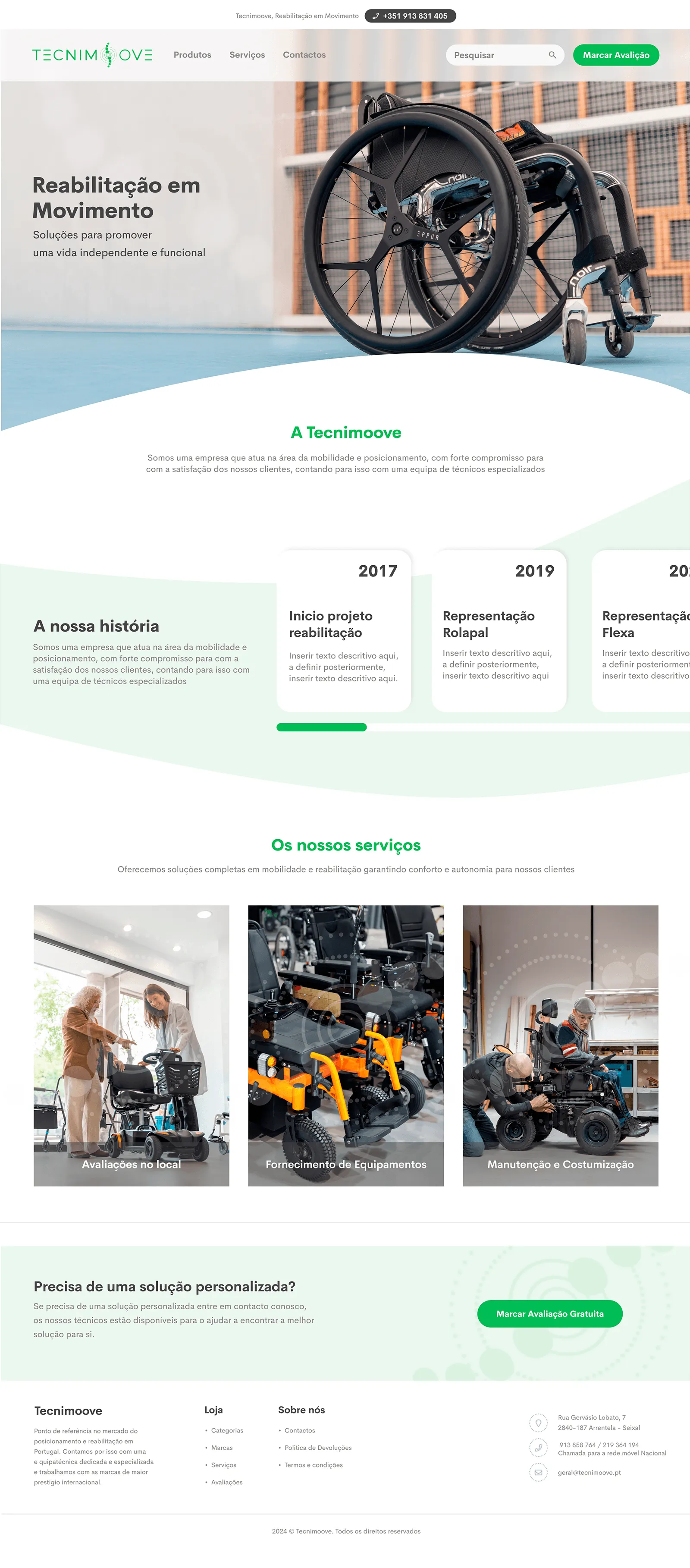 Tecnimoove homepage: 'Reabilitação em Movimento' hero, 'A Tecnimoove' section with the brand story, and the three services - On-Site Assessments, Equipment Supply, and Maintenance and Customisation