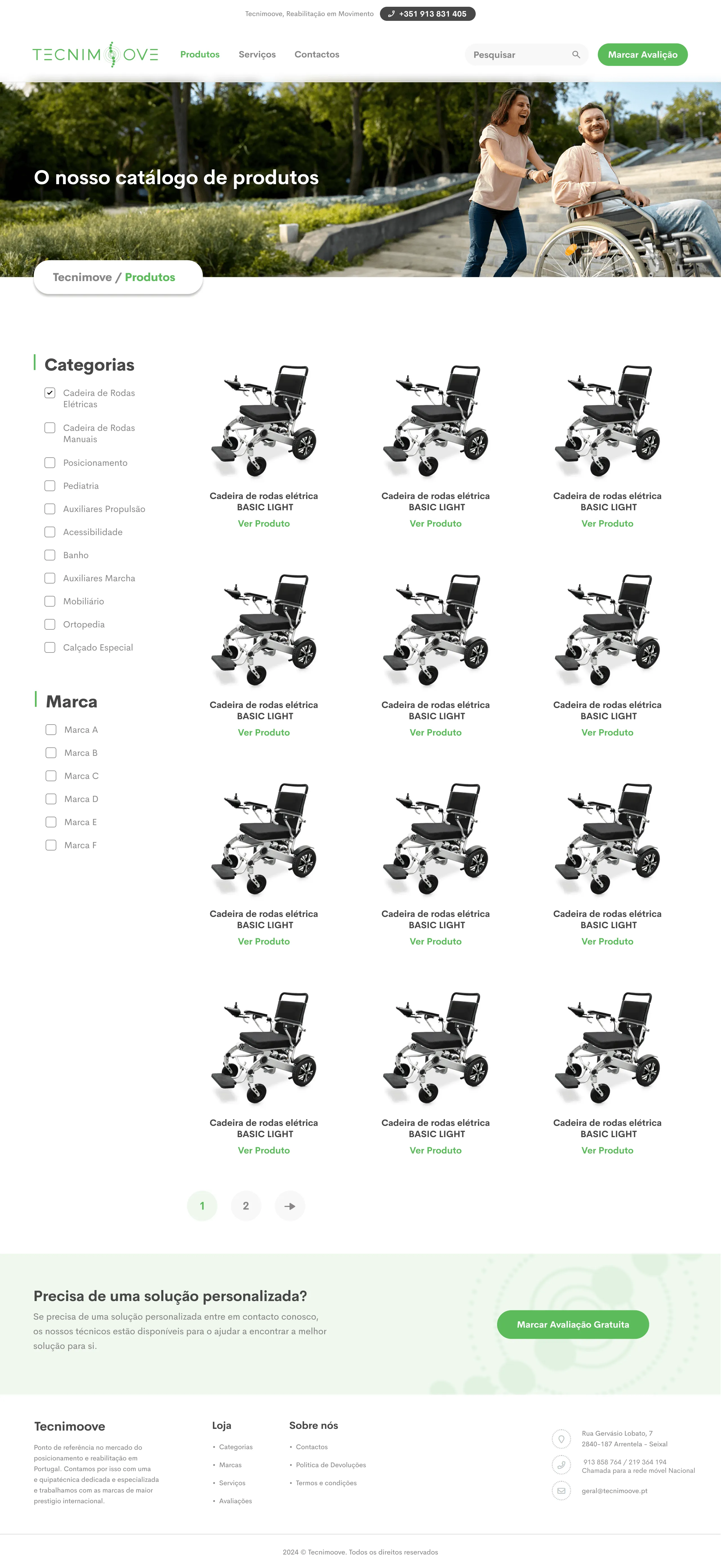 Tecnimoove product catalogue page, with category and brand filters in the sidebar and a grid of electric wheelchairs