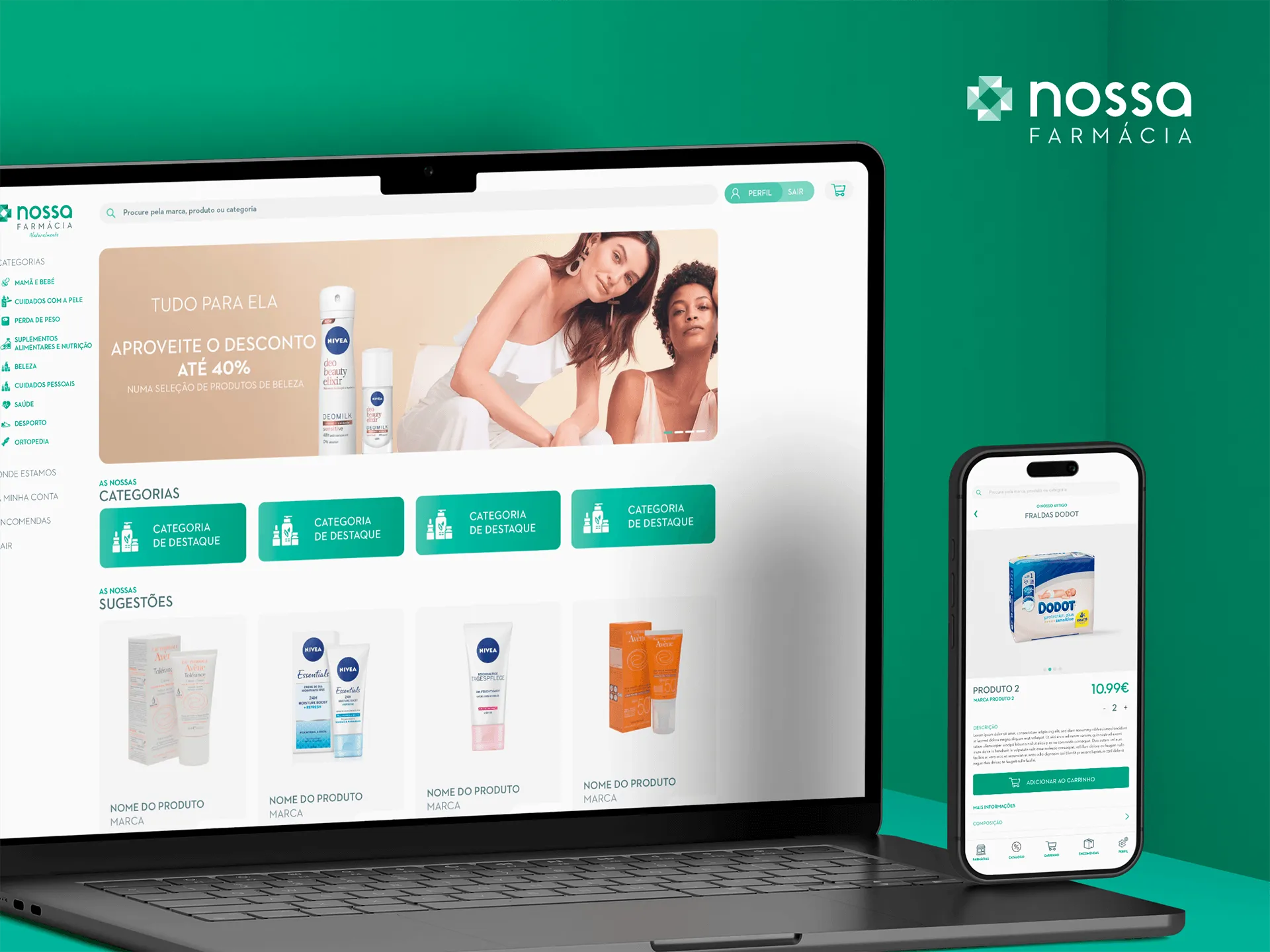 Nossa Farmácia online store on a laptop and a mobile app product page on a smartphone, over a green background with the brand logo