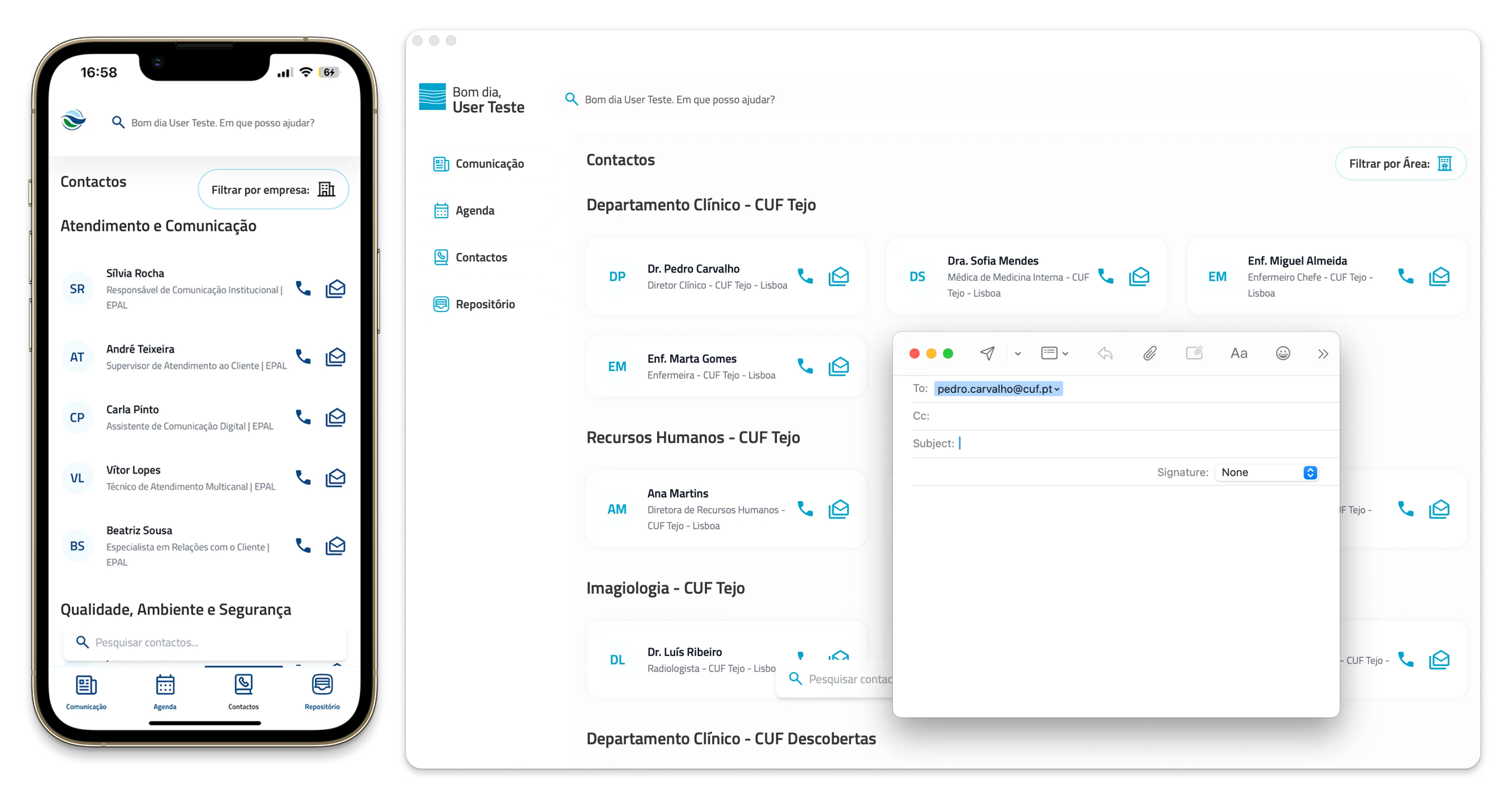 Mobile and desktop views of the Contacts module, with direct email and phone links