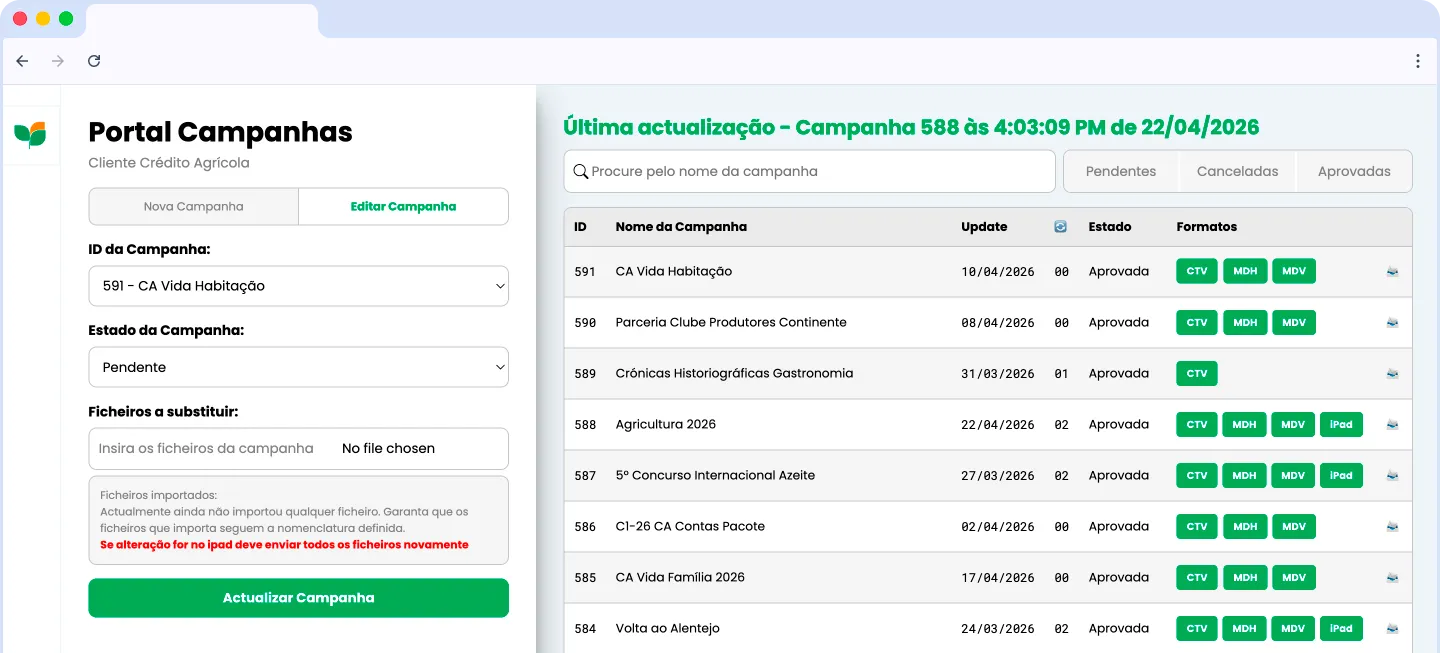 Web interface of the content platform, listing video content organised by client and distribution channel