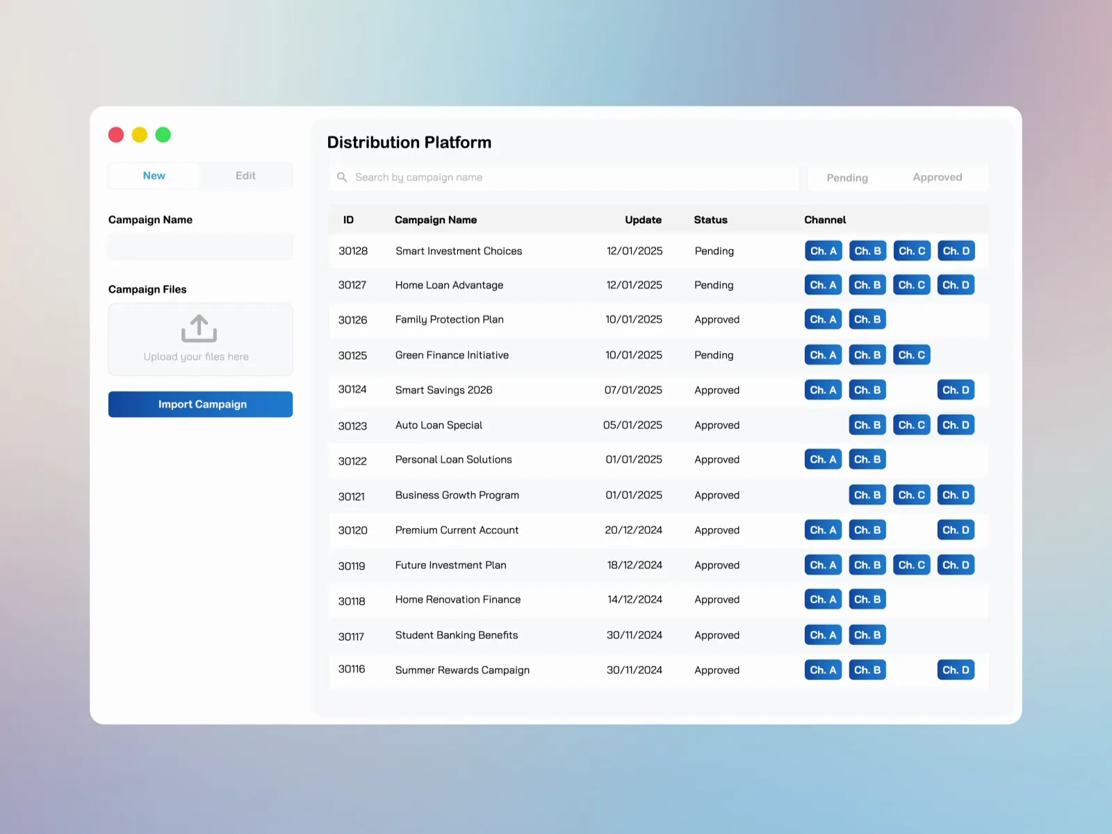 Web interface of the content platform, listing video content organised by client and distribution channel