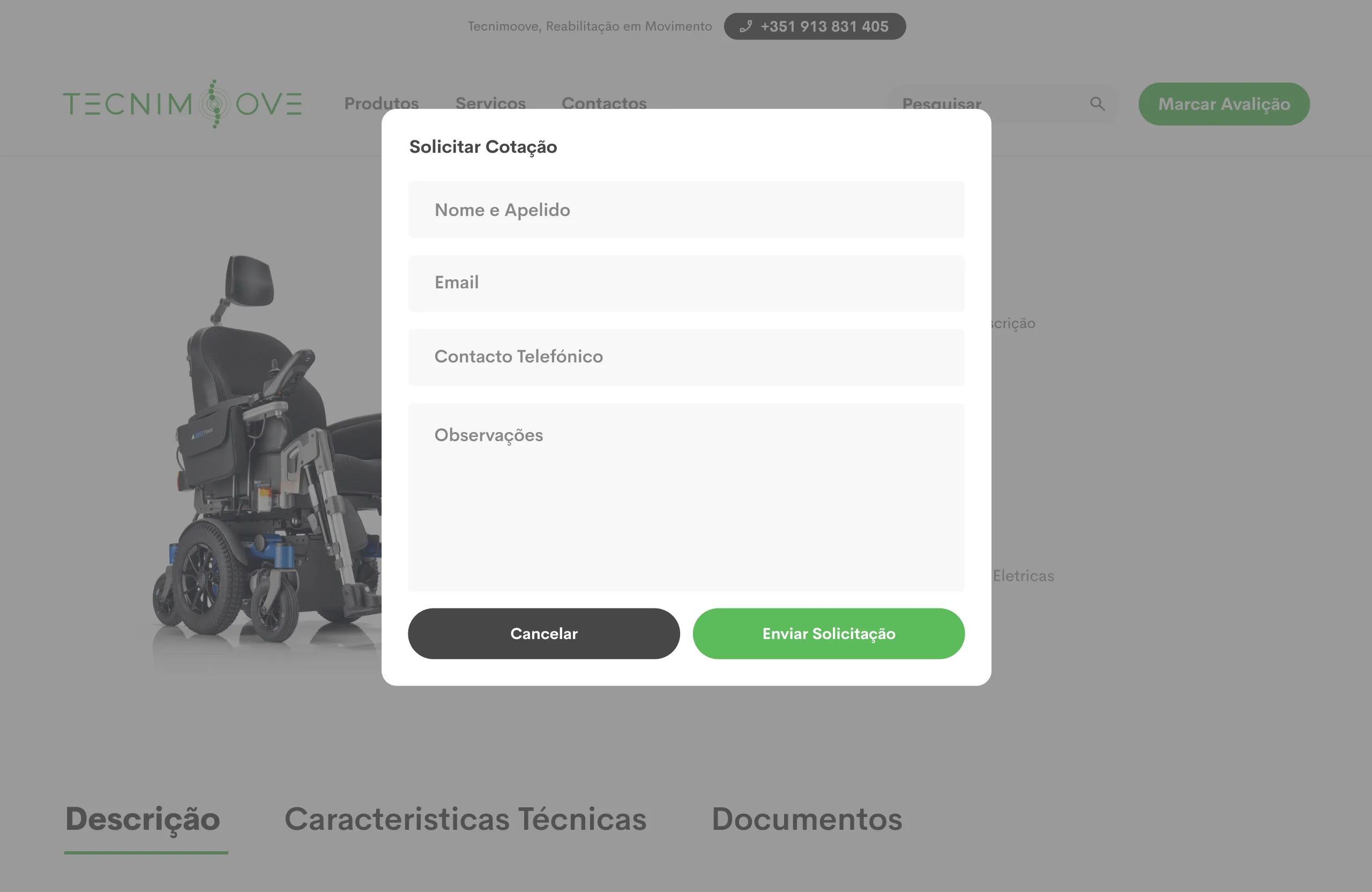 Request Quote modal over the product page, with fields for name, email, phone contact and notes