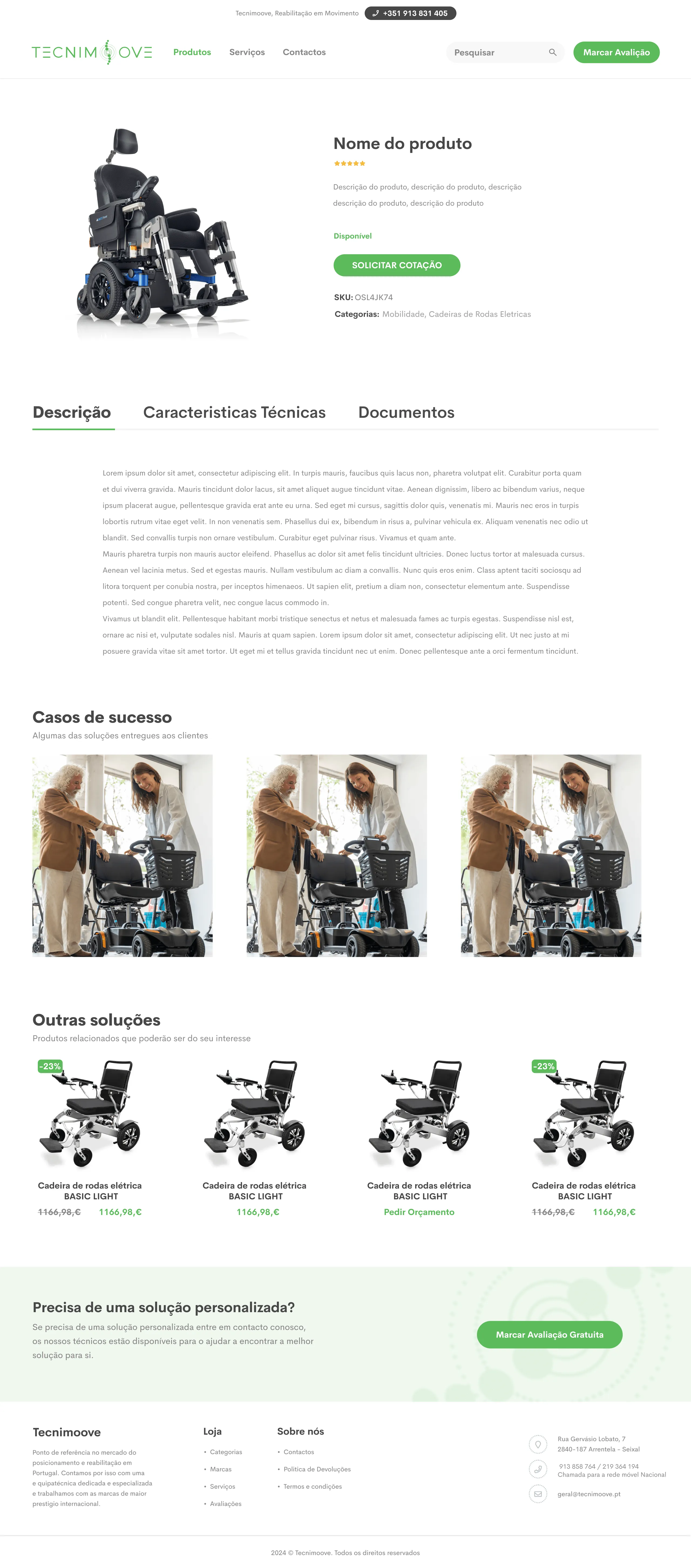 Tecnimoove product detail page, with the wheelchair's image and price, a Request Quote button, description, success stories and other solutions