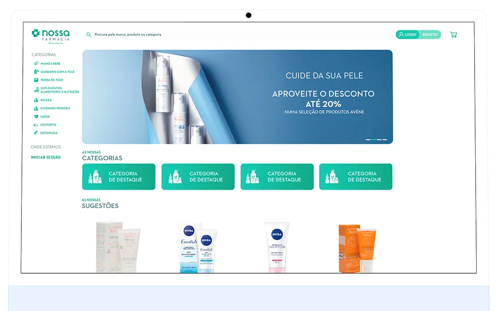 Online store homepage on a laptop, with a featured campaign, categories and product suggestions Online store homepage on a laptop, with a featured campaign, categories and product suggestions