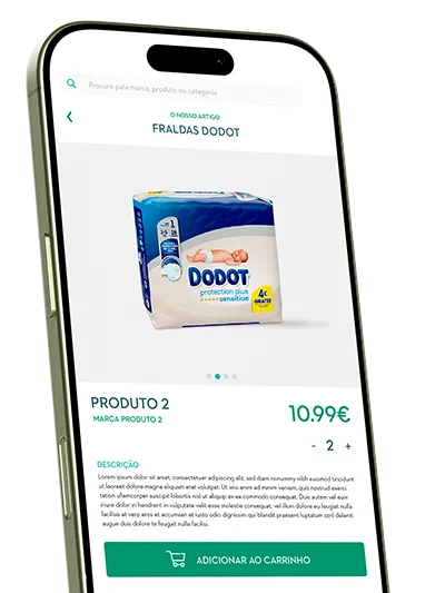 Mobile app product page on a smartphone, with price, quantity and add-to-cart button Mobile app product page on a smartphone, with price, quantity and add-to-cart button