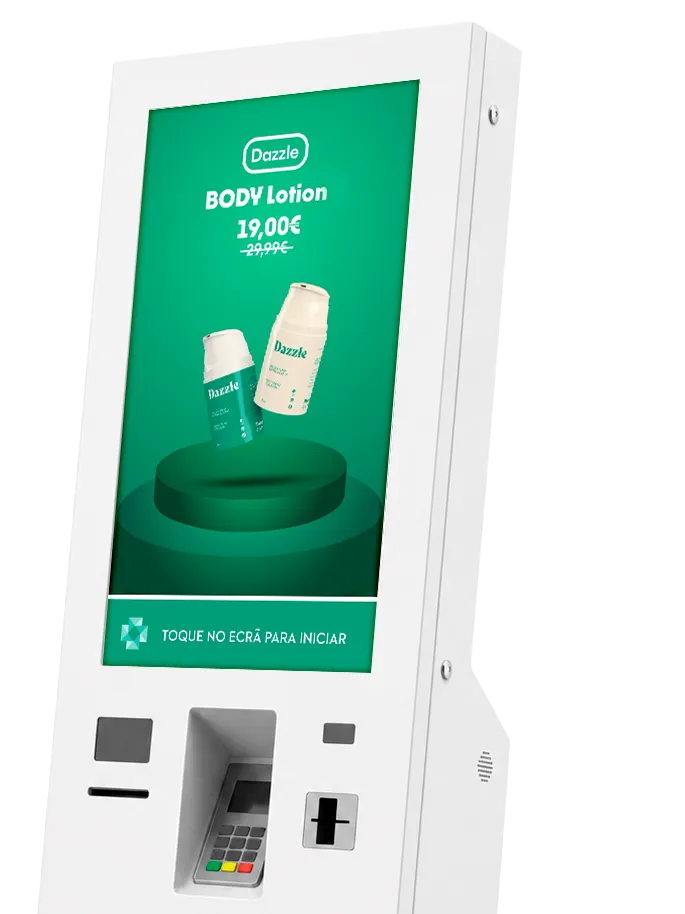 Self-service kiosk with a touchscreen showing a product campaign and an integrated payment terminal Self-service kiosk with a touchscreen showing a product campaign and an integrated payment terminal