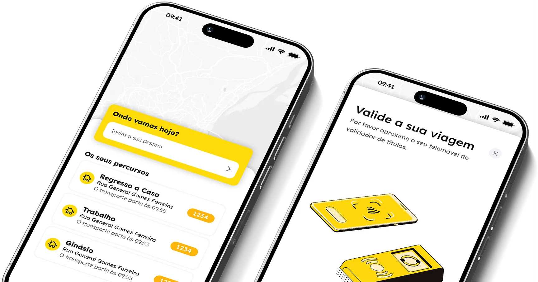 Two navegante app screens: journey search on the home page and NFC ticket-validation screen