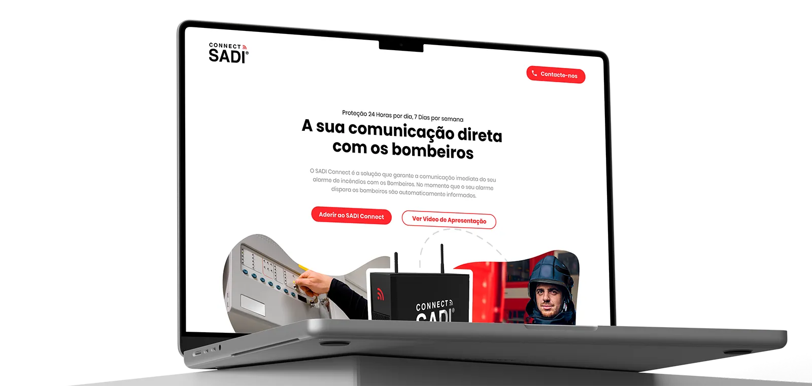 SADI Connect landing page on a laptop, with the headline 'Your direct line to the fire brigade', the fire-alarm panel, the Connect SADI device and a firefighter