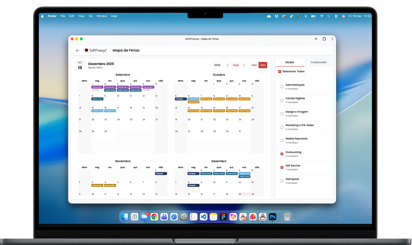 MacBook screen showing the Vacation Map module, with a team calendar and colleague filters