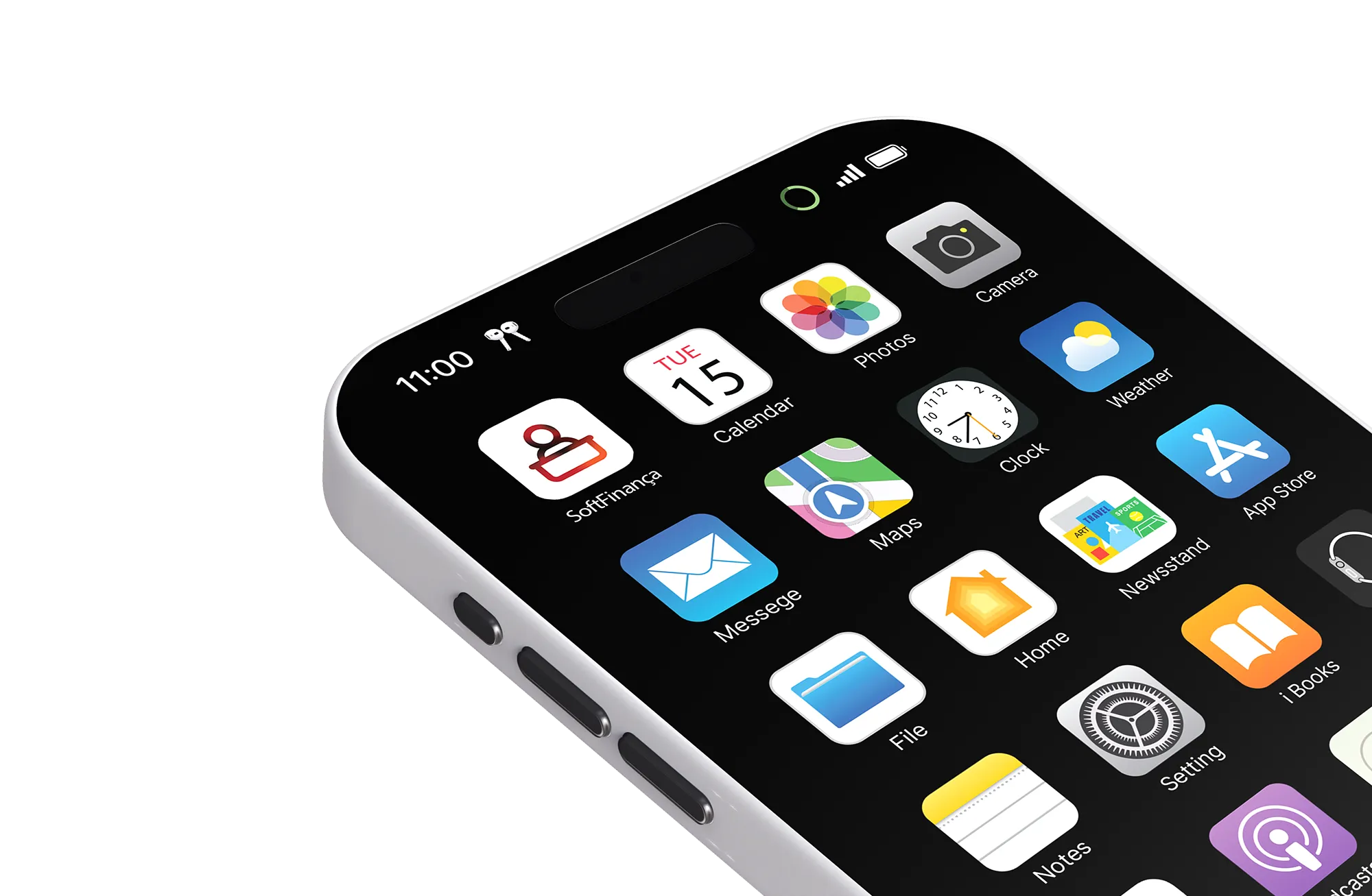 SoftFinança employee portal app icon installed on an iPhone home screen next to native iOS apps, showing the platform as an installable PWA