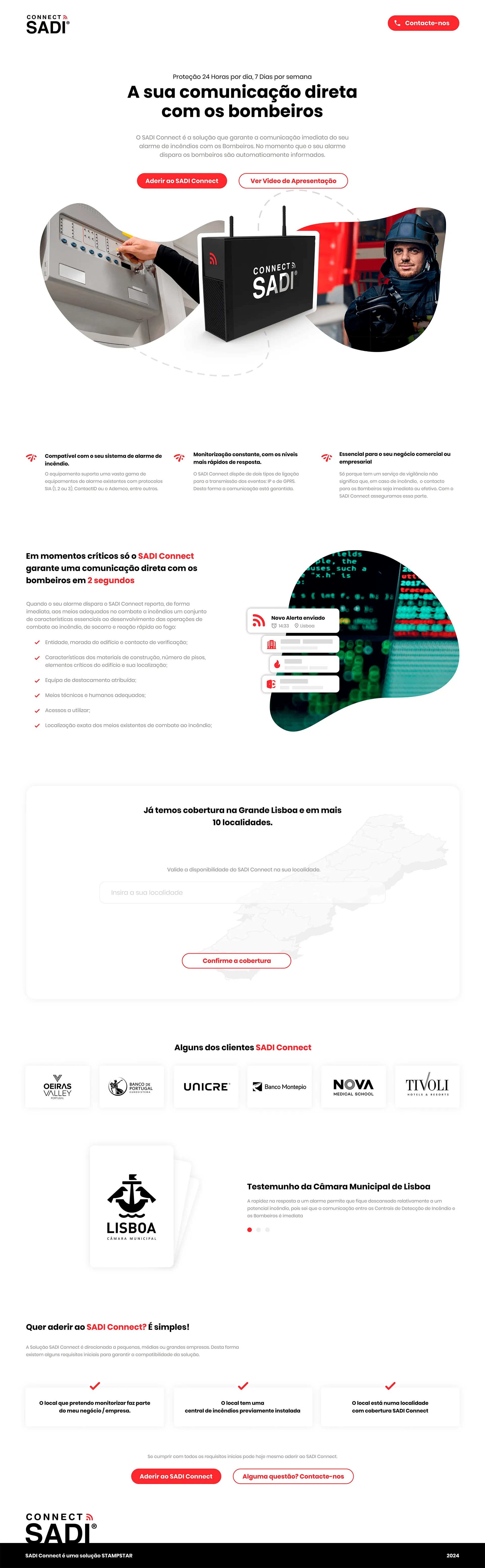 SADI Connect landing page: hero on direct fire-brigade communication, feature list, real-time alert example, coverage-area map checker, client logos and a municipal testimonial