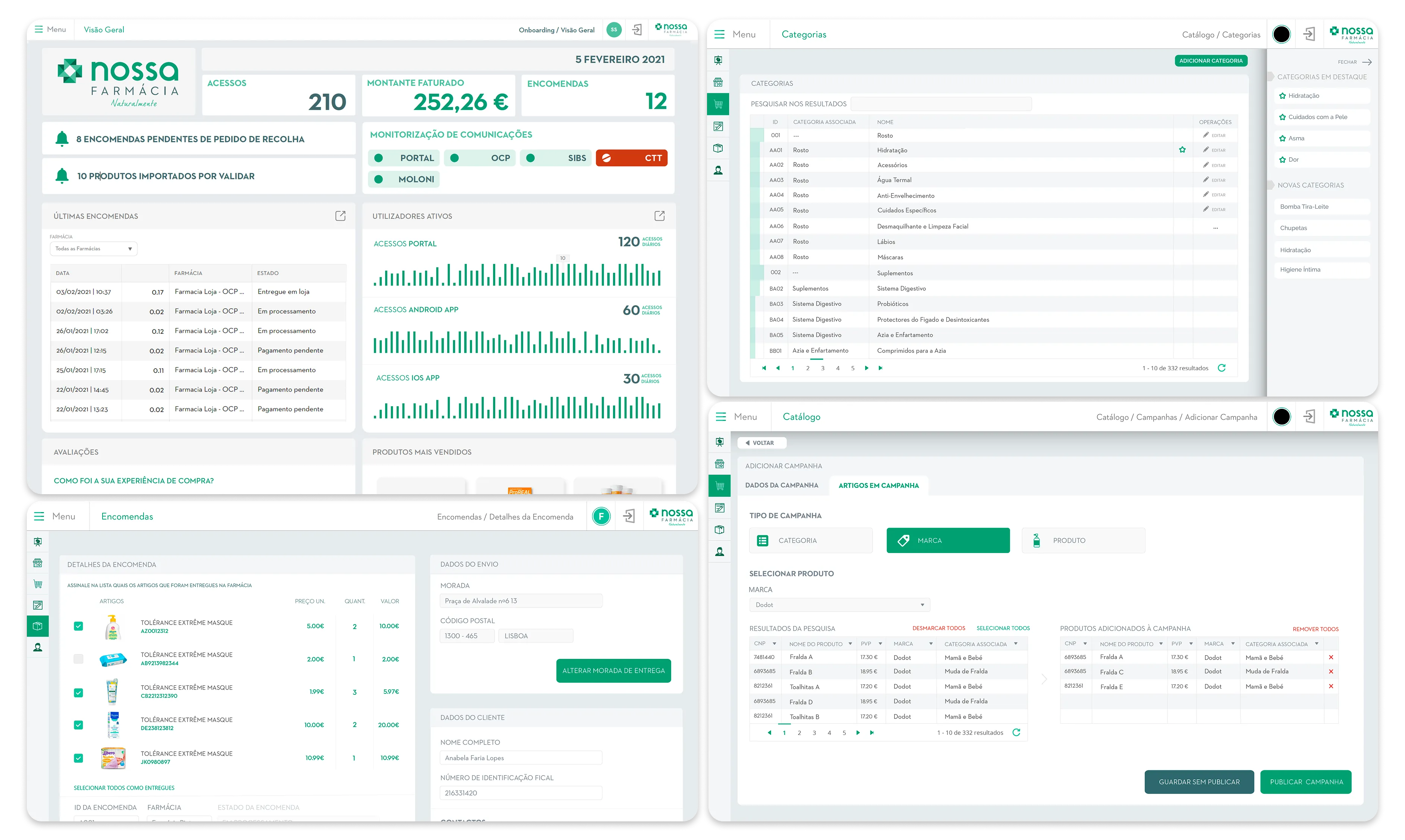 Backoffice screens: dashboard with access and order metrics, category management, order details and campaign creation Backoffice screens: dashboard with access and order metrics, category management, order details and campaign creation