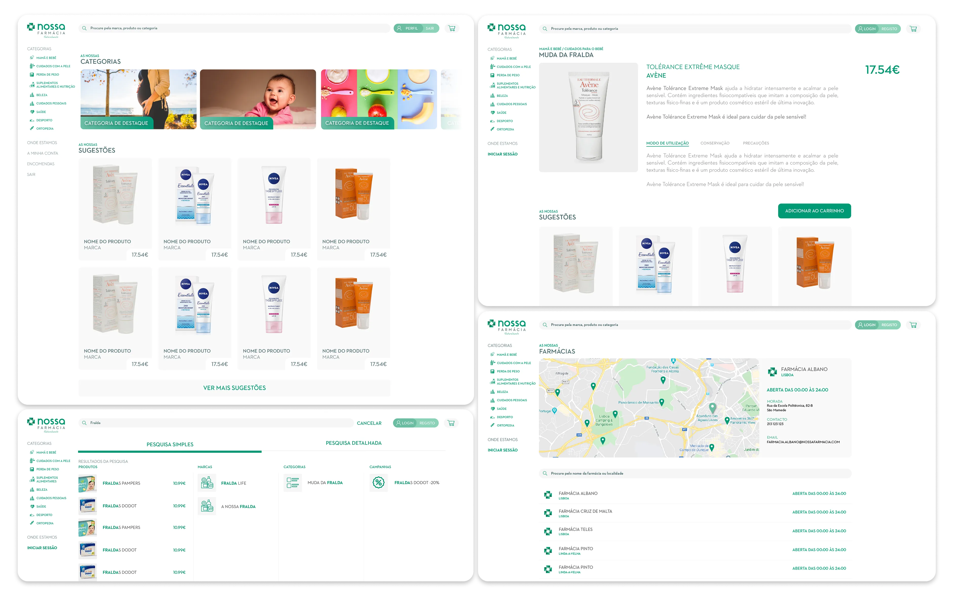 Online store screens: homepage with categories and suggestions, product page, search results and a pharmacy locator with a map