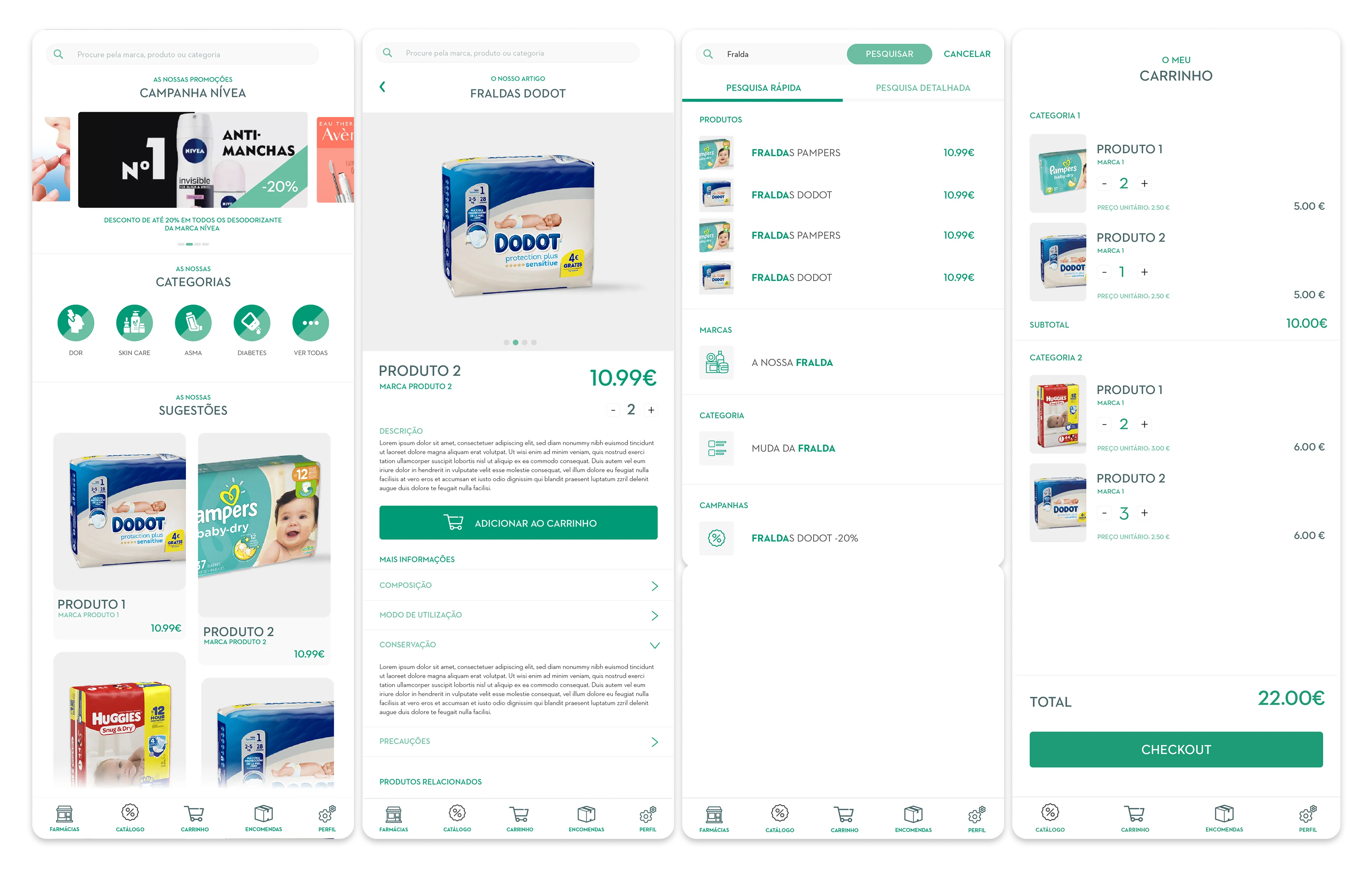 Mobile app screens: homepage with promotions, product page, search and shopping cart