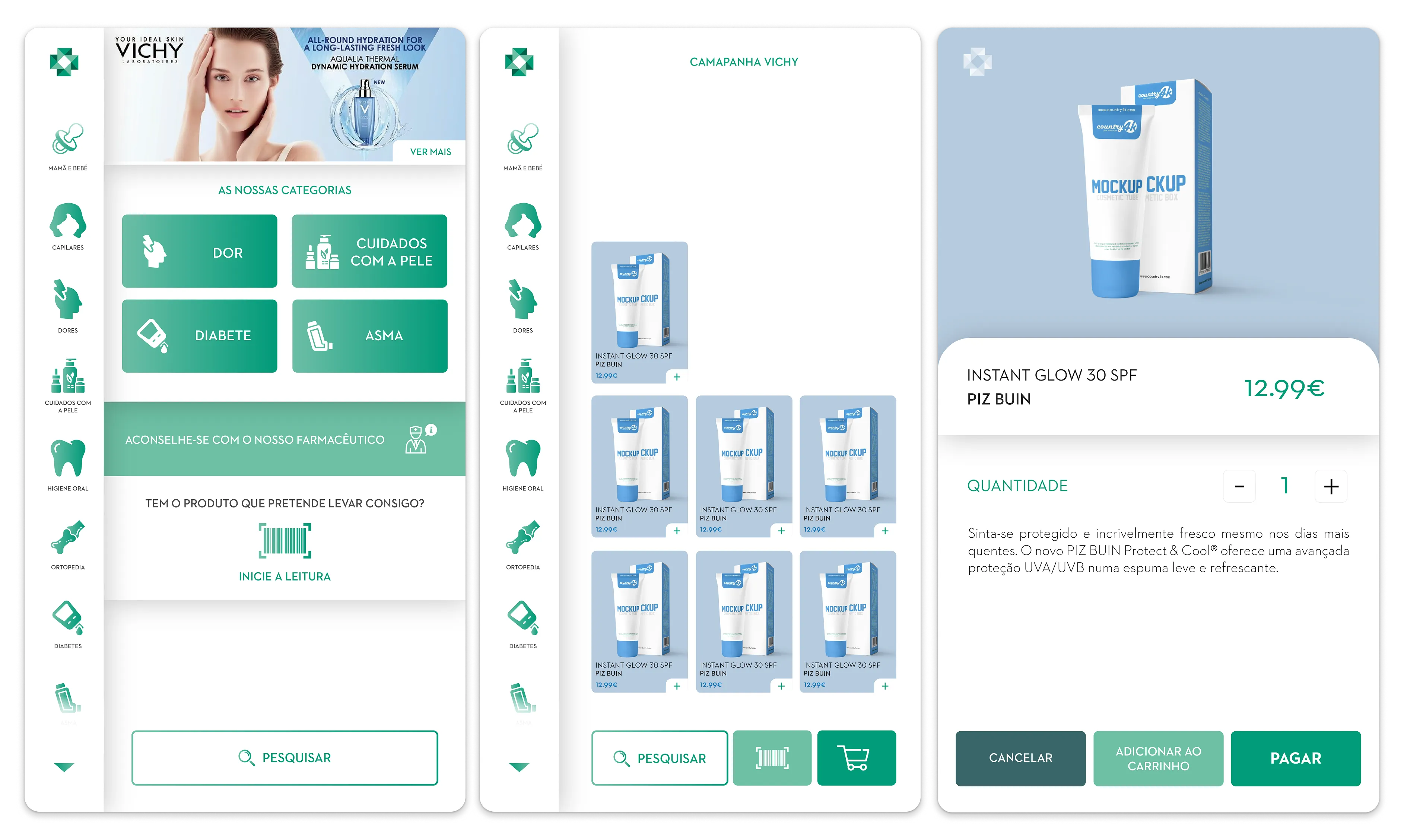 Self-service kiosk screens: home with categories and barcode scanning, product campaign and product page with quantity and payment options