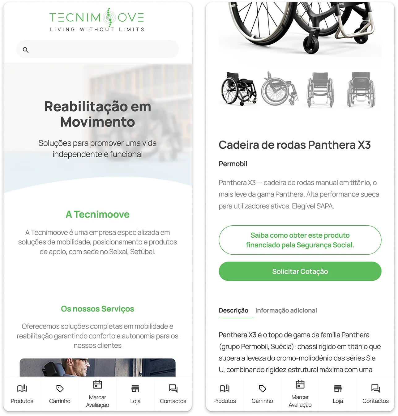Mobile versions of the Tecnimoove site Two mobile versions of the Tecnimoove site: homepage with the 'Reabilitação em Movimento' hero, and the Panthera X3 wheelchair product page with SAPA funding information