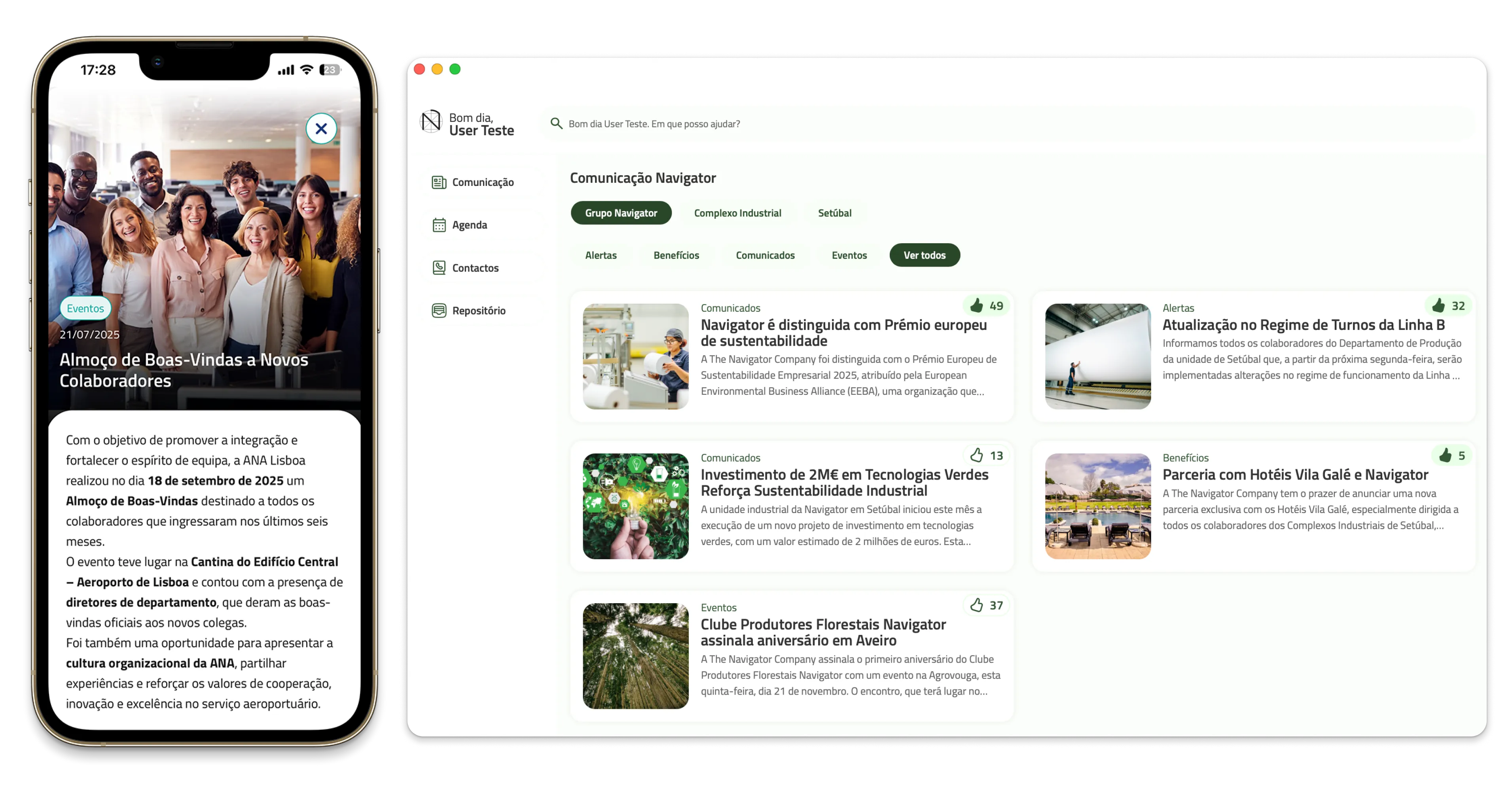 Mobile and desktop views of the Communication / News module