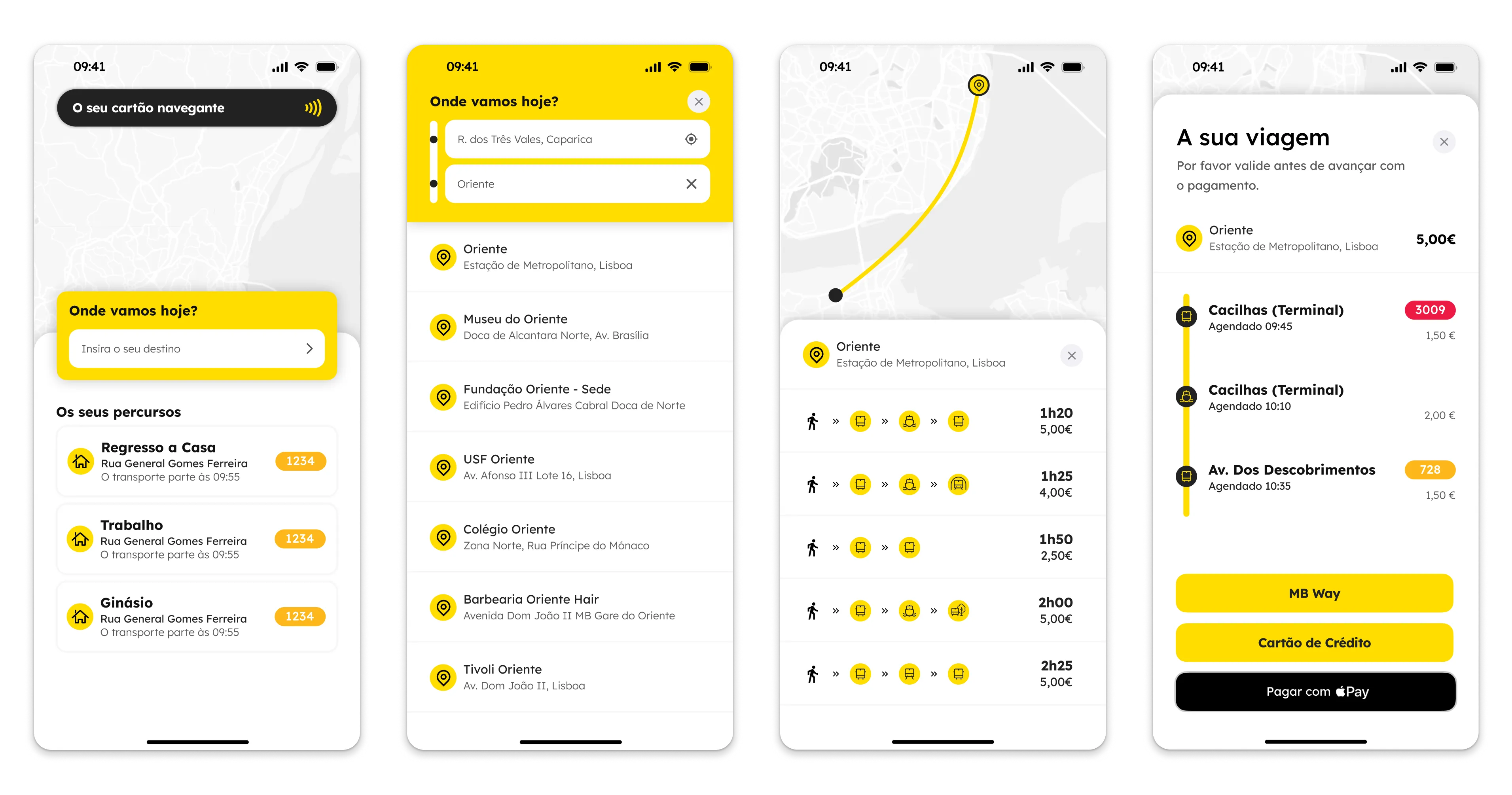 navegante app search and purchase screens: navegante card, destination search, route comparison on the map and trip payment screen