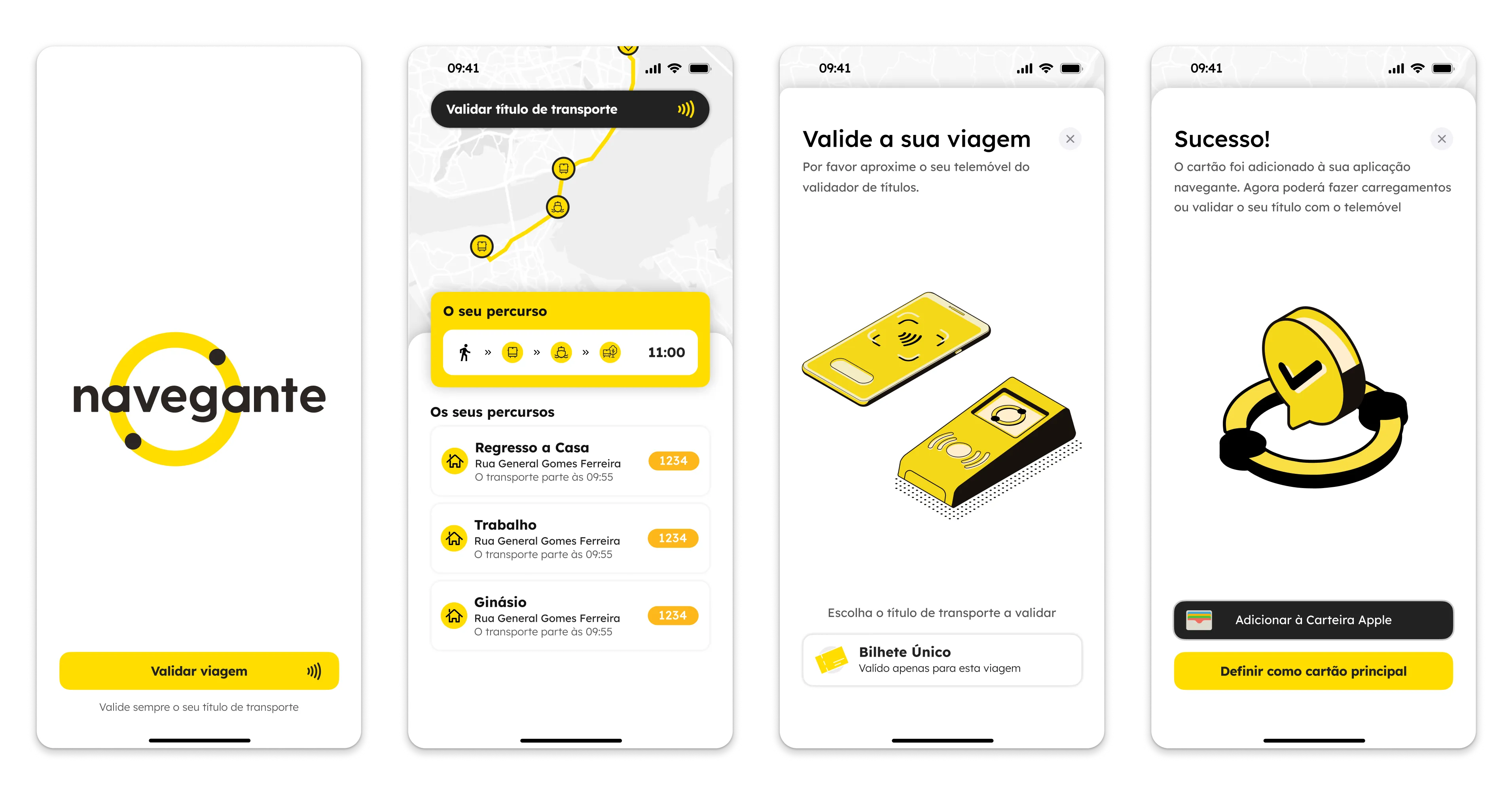 navegante app ticket-validation screens: splash screen, route on the map, NFC validation and success confirmation